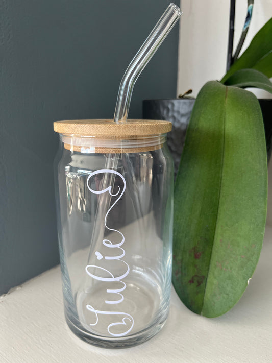 Can shaped glass with bamboo lid and glass straw