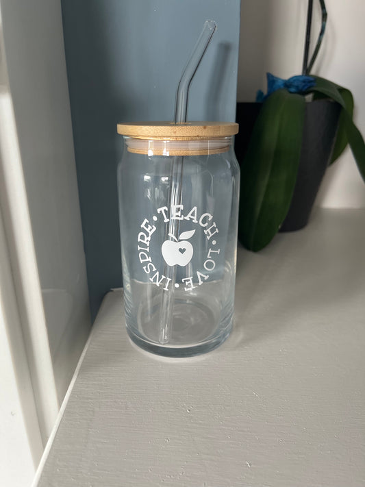 Teachers Glass jar with bamboo lid and glass straw